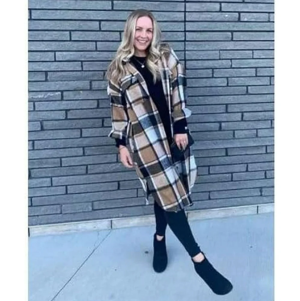 Women's Casual Plaid Long Shacket Shirt Jacket Button Front Oversized Lapel Coat